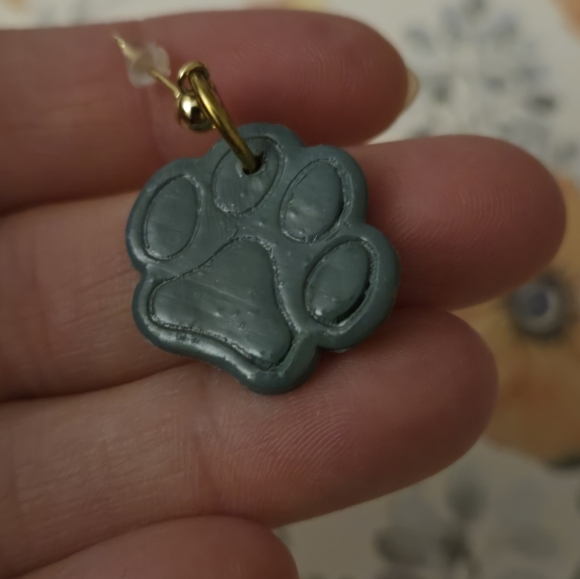 🆕️ Clay Teal Paw Print Stud Earrings with Drop Dangle Made by Local Artist - Picture 4 of 4